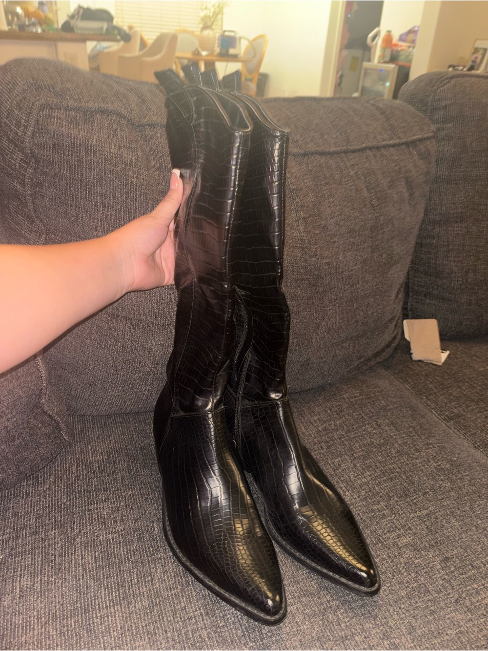 Vanessa Black Croc-Effect Pointed Boots